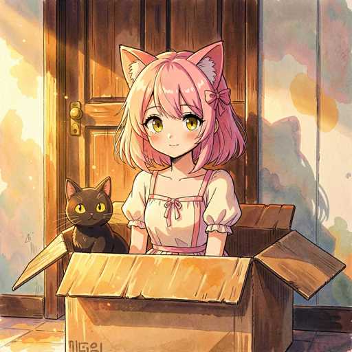 In this vibrant anime-style illustration, a young girl with shoulder-length pink hair and large, expressive yellow eyes is seated inside a cardboard box. She is adorned with pink cat ears that feature white fur on the inside, adding a whimsical touch to her appearance. The girl is dressed in a charming white dress with pink trim, which includes a bow at the neckline and another at the waist, giving her outfit a playful yet elegant look. 

To her left, a black cat with striking yellow eyes peeks out from the box, mirroring her gaze. The background reveals a wooden door with a brass handle, set against a wall that is painted in a soft, light blue hue. The floor beneath them is tiled in a warm brown color, completing the cozy and inviting scene.