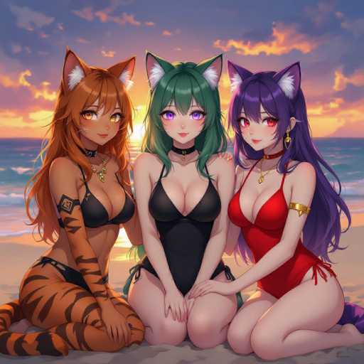In this captivating image, three anime-style female characters are depicted sitting on a sandy beach, each adorned with cat ears atop their heads. The character on the left has striking orange hair and matching orange eyes, complemented by a tiger-striped pattern on her body. She is dressed in a black bikini top and bottom, and her right arm features a tattoo. The central character boasts vibrant green hair and eyes, and she is clad in a sleek black one-piece swimsuit. The character on the right stands out with her long purple hair and eyes, and she wears a red one-piece swimsuit. The backdrop of this serene scene is a picturesque beach at sunset, with the sun gently peeking out from behind the central character, casting a warm glow over the tranquil water and the sandy shore.