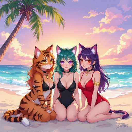 Three adorable feline girls, each with unique hair and color, sit on a sunny beach. They're wearing stylish swimsuits and have cute cat ears, creating a charming, playful scene with the ocean and palm tree in the background. The overall style is vibrant and anime-inspired, emphasizing soft colors and detailed textures.
