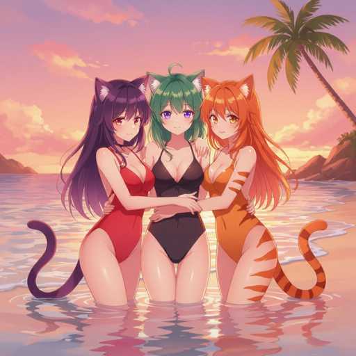 In this vibrant anime-style illustration, three female characters stand waist-deep in the ocean, their lower bodies submerged in the water. The scene is set against a stunning sunset, with the sky painted in hues of pink and purple, and the sun peeking out from behind the rocky hills on the horizon. A palm tree stands on the right side of the image, adding to the tropical ambiance.

The three characters are dressed in one-piece bathing suits and have cat-like features, including ears and tails. The character on the left has long, flowing purple hair and wears a red one-piece bathing suit. Her purple tail extends behind her. The middle character sports green hair and a black one-piece bathing suit, with a matching green tail. The character on the right has striking orange hair and is clad in an orange one-piece bathing suit, complemented by an orange tail with black stripes. The overall composition captures a serene and whimsical moment, blending natural beauty with fantastical elements.
