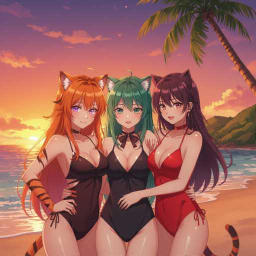 Three anime girls with cat ears and stylish outfits pose on a beach at sunset, bathed in warm, soft lighting. The scene is vibrant and inviting, with a focus on the girls' expressive faces and detailed hair.