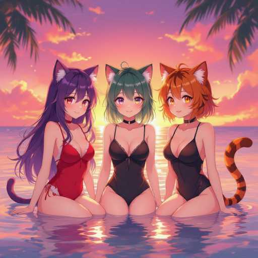 In this captivating image, three anime-style female characters are depicted sitting in shallow water, with the water reaching just above their knees. Each character is adorned in a one-piece bathing suit and features distinct, vibrant hair colors: the character on the left has long purple hair, the one in the middle sports short green hair, and the character on the right boasts short orange hair. All three characters are accessorized with collars around their necks and cat ears perched atop their heads, adding a whimsical touch to their appearance. The serene water reflects the warm hues of the sunset, which paints the sky in a mesmerizing blend of pink, yellow, and purple tones. Framing the scene, palm trees can be seen in the top left and right corners of the image, enhancing the tropical ambiance. The overall composition exudes a tranquil and enchanting atmosphere, perfectly capturing a moment of peaceful coexistence among these charming characters.