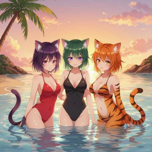 Three anime-style catgirls in swimsuits pose in a tropical beach scene. They are positioned close together, with one on each side and the central one in between, creating a balanced composition. The background features a sunset with palm trees and calm water, emphasizing a serene atmosphere.