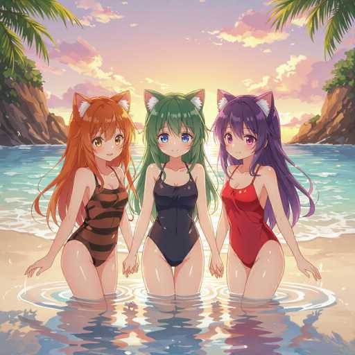 In this vibrant anime-style illustration, three young female characters stand side by side in the shallow waters of a beach, their feet submerged up to their knees. Each girl has long hair and wears a one-piece swimsuit, with cat ears adorning their heads, adding a whimsical touch to their appearance. The girl on the left sports an orange and black striped one-piece suit, her long orange hair cascading down her back. The middle character wears a sleek black one-piece suit, complementing her long green hair. On the right, the third girl is dressed in a striking red one-piece suit, with her long purple hair flowing freely. The backdrop features a serene beach scene with gentle waves lapping at the shore, framed by rocky outcrops on either side. The sky above is a mesmerizing blend of pink and purple hues, dotted with fluffy white clouds, suggesting either a sunrise or sunset. The overall composition captures a moment of tranquility and camaraderie, set against a picturesque coastal landscape.