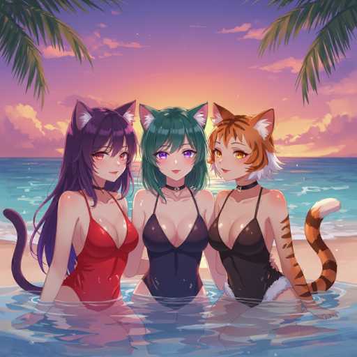 Three anime-style catgirls with vibrant hair (purple, green, orange) are relaxing in the shallow water at sunset. They wear stylish swimsuits and have playful expressions, creating a warm, summery scene with palm trees in the background. The art style is detailed and colorful, emphasizing soft lighting and a peaceful atmosphere.