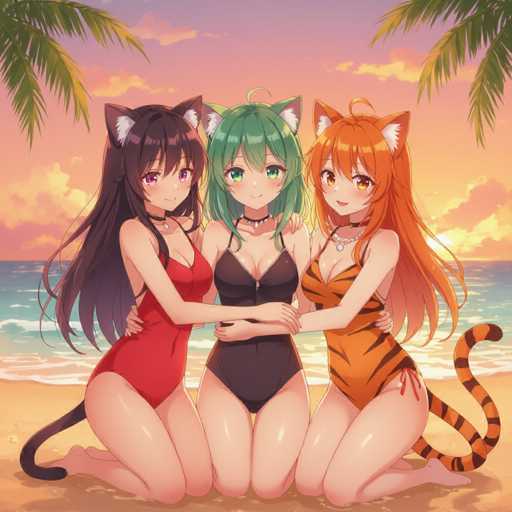 In this vibrant anime-style illustration, three young women are seated on a sandy beach, each adorned in unique one-piece bathing suits and cat ears. The woman on the left sports a striking red one-piece suit, complemented by long, flowing black hair and a black tail. Her eyes are a captivating shade of purple. The central figure wears a sleek black one-piece suit, with long green hair cascading down her back and a matching green tail. The woman on the right is dressed in an orange one-piece suit, featuring bold black tiger stripes and a playful red bow on her hip. Her long orange hair is accompanied by an orange tail, and her eyes are a warm brown. The backdrop showcases a serene beach scene with gentle waves lapping at the shore, framed by palm trees on either side. The sky above is a mesmerizing blend of pink and purple hues, dotted with soft clouds, adding to the dreamy atmosphere of the scene.