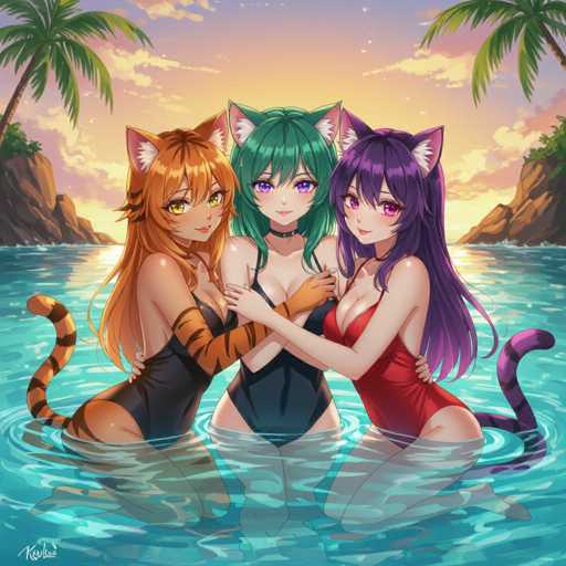 Three anime-style women with cat ears are playfully embracing in a tropical setting. They're wearing swimsuits and have vibrant hair colors (orange, green, purple). The background features a sunny beach with palm trees and a warm sunset. The overall style is detailed, soft-focused, and evokes a sense of fun and affection.