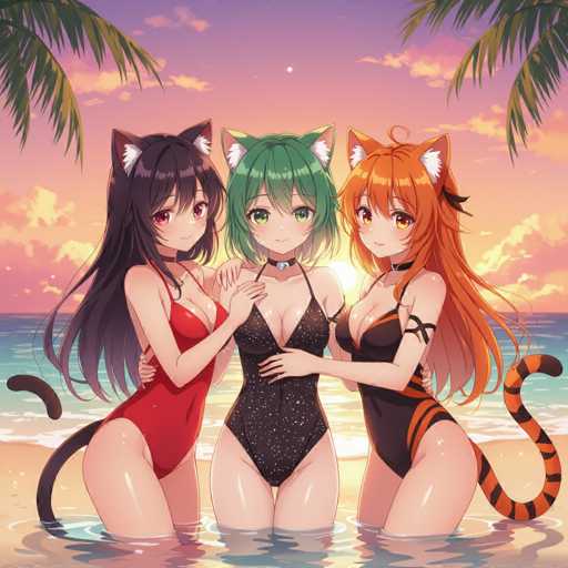 In this captivating image, three anime-style female characters stand side by side on a serene beach, their feet gently submerged in the calm water. The backdrop features a stunning sunset, with the sky painted in hues of pink and purple, and the sun casting a warm glow over the scene. The water reflects the sky's colors, creating a harmonious blend of pink and purple tones.

Each character is adorned with cat ears, adding a whimsical touch to their appearance. The character on the left has long, flowing black hair and is dressed in a striking red one-piece bathing suit. The middle character sports vibrant green hair and wears a dazzling black one-piece swimsuit embellished with white sparkles. The character on the right has long, flowing orange hair and is clad in a black one-piece swimsuit featuring bold orange stripes.

The overall composition exudes a sense of tranquility and beauty, perfectly capturing a moment of serene companionship against the picturesque sunset.