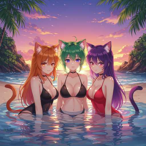 In this vibrant, anime-style illustration, three young women are depicted standing in shallow water at the beach, each adorned with cat ears and tails, adding a whimsical touch to the scene. The woman on the left has long, flowing orange hair and wears a black bikini, her cat ears and tail clearly visible. The central figure sports striking green hair and a matching black bikini, while the woman on the right boasts long purple hair and is dressed in a red bikini. The serene beach setting is framed by lush palm trees on either side, with the sun setting in the background, casting a warm glow over the water. The sky is a mesmerizing blend of purple and pink hues, dotted with clouds, enhancing the tranquil and picturesque atmosphere.