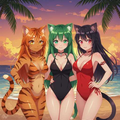 Three adorable, anthropomorphic catgirls pose on a beach under a vibrant sunset. Each has fluffy, stylized hair in different shades (orange, green, black), large cat ears, and expressive eyes. They wear stylish swimsuits in orange, black, and red, respectively, with playful poses and confident expressions. The background features a warm sunset sky and palm trees, creating a summery, inviting atmosphere.