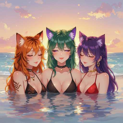 Three anime-style women with cat ears are relaxing in the ocean, bathed in a warm sunset. They have long, flowing hair and are wearing bikini tops. The scene is peaceful and serene, with the women looking content as they enjoy the beautiful setting.