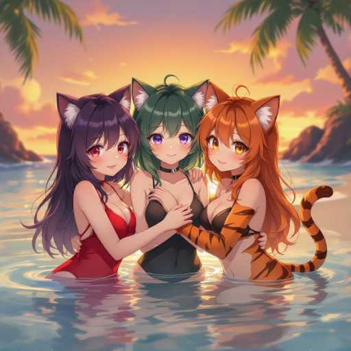 Three anime-style girls with cat ears are playfully embracing in a tropical beach setting. They're wearing swimsuits and are partially submerged in the water, with palm trees and a sunset backdrop. The art style is vibrant and detailed, emphasizing soft lighting and a warm color palette.