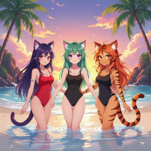 In this vibrant and detailed image, three anthropomorphic female characters stand in shallow water, each adorned in a one-piece bathing suit and displaying distinct feline features. The character on the left has long, flowing black hair with striking red eyes and wears a red one-piece bathing suit. She also sports a black tail. The central figure, with long green hair and matching green eyes, is dressed in a sleek black one-piece suit and has a white tail. The character on the right stands out with her long orange hair and eyes, complemented by black tiger stripes on her arms and legs. She wears a black one-piece suit and has an orange tail with black stripes. The trio is surrounded by a picturesque beach setting, with palm trees flanking them on both sides and the sun setting in the background, casting a warm glow over the scene.