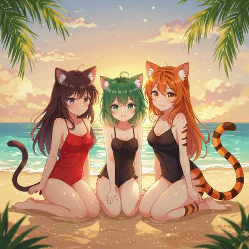 In this vibrant, cartoon-style image, three anthropomorphic female cats are seated on a sandy beach, each adorned in a one-piece bathing suit. The cat on the left sports a red swimsuit and has long brown hair with striking purple eyes. She is barefoot, with her tail draped over her shoulder. The middle cat, with green hair and matching green eyes, wears a black swimsuit and also sits barefoot. Her tail is wrapped around her leg. The cat on the right has long orange hair and orange eyes, complementing her black swimsuit. She, too, is barefoot, with her tail resting on the sand. The backdrop features a serene ocean, a radiant sun, and a sky dotted with clouds, framed by palm trees in the corners of the image.