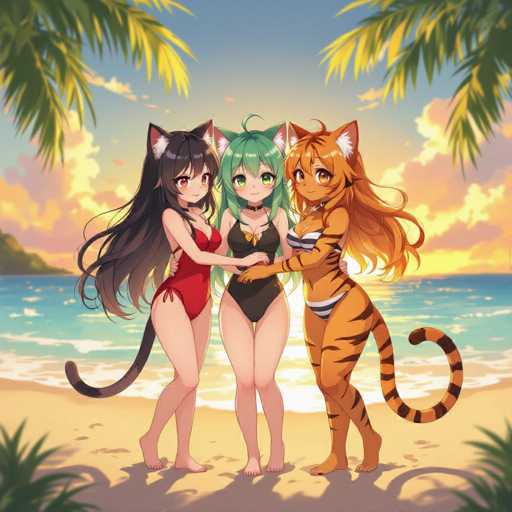 In this vibrant and detailed image, three anthropomorphic female characters are depicted standing on a picturesque beach. The character on the left has long, flowing black hair adorned with cat ears and a black tail. She is dressed in a striking red one-piece swimsuit. The central character sports long green hair, also with cat ears, and wears a sleek black one-piece swimsuit. The character on the right stands out with her long orange hair, cat ears, and a distinctive orange and black striped tail. She is clad in a white and black striped bikini. The trio is positioned on a sandy beach, with the ocean's blue waters stretching out behind them. The sky above is a brilliant blue, dotted with fluffy white clouds, and the sun casts a warm glow, suggesting either a sunrise or sunset. The scene is framed by lush green palm trees in the foreground, adding to the tropical ambiance.