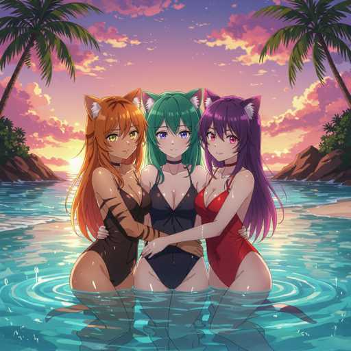 In this captivating image, three anime girls stand together in a serene pool, their arms wrapped around each other in a warm embrace. The girl on the left has striking orange hair and matching orange eyes, adorned with cat ears. She wears a sleek black one-piece swimsuit that accentuates her figure. The girl in the middle, with vibrant green hair and eyes, also sports cat ears and a black one-piece swimsuit. The girl on the right has long purple hair and eyes, complemented by cat ears, and she is dressed in a stylish red one-piece swimsuit. The tranquil pool water surrounds them, creating a peaceful atmosphere. In the background, a picturesque beach stretches out, with palm trees swaying gently on either side. The sky above is a mesmerizing blend of purple and yellow hues, suggesting either a sunrise or sunset, adding a magical touch to the scene.