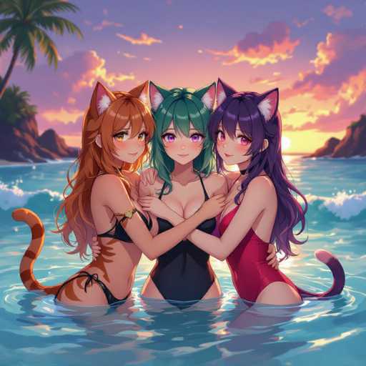 Three anime-style women with cat ears are playfully embracing in a tropical setting. They're submerged in turquoise water, their long hair flowing around them as they lean into each other. The background features a vibrant sunset with warm orange and pink hues, reflecting on the water's surface. The overall style is soft and dreamy, with a focus on gentle lighting and detailed hair textures.