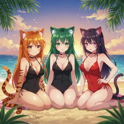 Three catgirls with vibrant, stylized hair sit on a sun-kissed beach at sunset. They wear matching black swimsuits with heart details, their cat ears adding to the playful aesthetic. The scene is bathed in warm light, with palm fronds framing the view and gentle waves lapping at the shore. The overall style is anime-inspired, with soft lighting and a dreamy atmosphere.