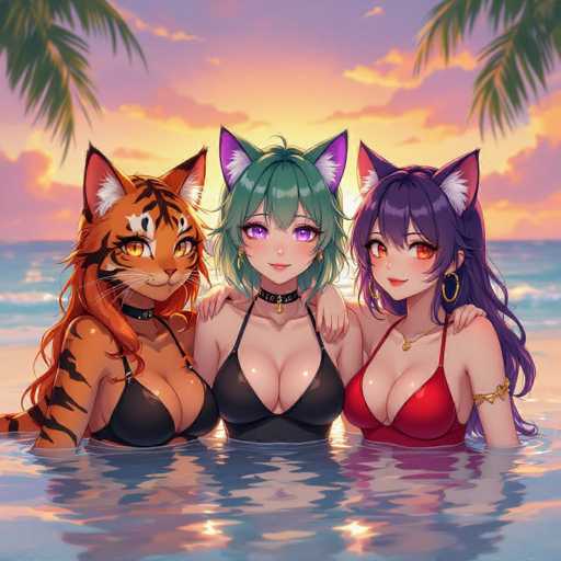 Three adorable, anthropomorphic feline women with vibrant hair and cat ears are playfully enjoying a sunny beach scene. They're all wearing stylish swimsuits, with the women on the left and right having a warm orange/brown color scheme while the woman in the middle has cool green hair. They're leaning on each other, radiating a cute and friendly vibe against the backdrop of a beautiful sunset. The overall art style is detailed, colorful, and anime-inspired.
