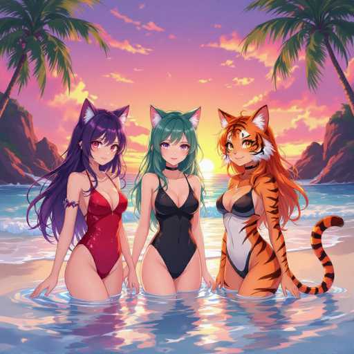Three anime-style female characters with cat ears are enjoying a tropical beach scene. They're positioned in shallow water, facing the viewer with bright smiles. The background features a vibrant sunset with palm trees and distant mountains. The art style is detailed, showcasing soft shading and expressive features.