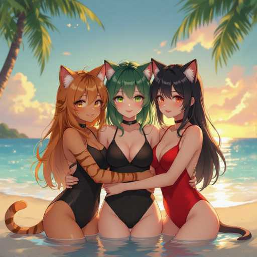 Cat-girls on a beach