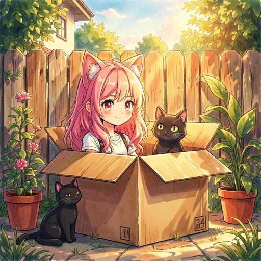 A cute anime girl with pink hair and large, expressive eyes peeks out of a cardboard box in a sunny outdoor setting. She's wearing a white t-shirt and has fluffy, pink cat ears on her head. Two black cats are also inside the box, one looking out and another looking in. The background shows a wooden fence, potted plants with pink flowers, and a glimpse of a house in the distance. The overall style is vibrant and whimsical, with soft lighting and detailed textures.