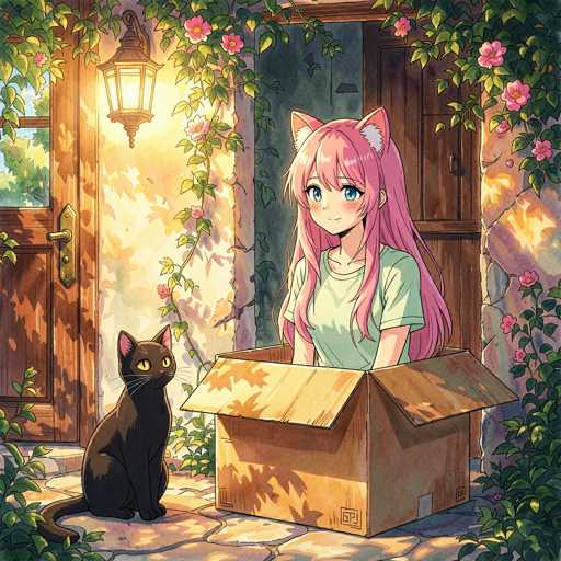A cute anime girl with long pink hair and cat ears peeks out of a brown cardboard box, sitting on a stone floor in front of an open wooden door. She has large blue eyes and is wearing a light green t-shirt. A black cat sits patiently beside the box, looking at her with wide eyes. The scene is bathed in warm sunlight streaming through a window on the left, and lush green vines with pink flowers frame the scene. The overall style is reminiscent of a cozy, whimsical illustration.