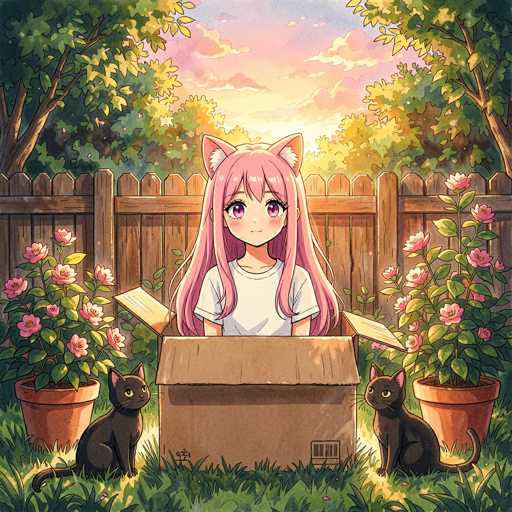 A cute anime girl with long pink hair and cat ears is sitting inside a brown cardboard box, looking out at the viewer. She's wearing a white t-shirt and has large, expressive eyes with pink irises. Two black cats are sitting on either side of the box, looking up at her with wide eyes. The scene is set in a sunny garden with green grass and pink flowers, enclosed by a wooden fence. The background features a bright, warm sunset with soft clouds and golden sunlight filtering through the trees. The overall style is reminiscent of a digital painting, with soft lighting and detailed textures.
