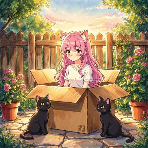 A cute anime girl with long pink hair and cat ears peeks out of a large open cardboard box in a sunny garden. Two black cats with matching cat ears sit on either side of the box, looking up at her with wide eyes. The scene is set in a charming garden with potted roses and a wooden fence, bathed in warm sunlight. The girl has a gentle smile on her face, and the overall atmosphere is whimsical and heartwarming.