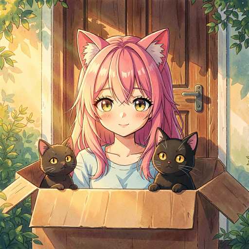A cute anime girl with long, pink hair and large, expressive eyes is peering out of a cardboard box. Two small black cats with yellow eyes are nestled inside the box, looking equally adorable. The girl is wearing a light blue t-shirt and has a gentle smile on her face. She's positioned in front of a wooden door with a window, and the scene is bathed in soft sunlight filtering through green leaves. The overall style is reminiscent of a digital painting with a warm, inviting color palette.