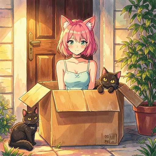 A digital painting in a soft, warm color palette depicts a young anime girl with bright pink hair and large green eyes emerging from an open cardboard box. She's wearing a light blue tank top and has a gentle, slightly surprised expression. Two small black cats with expressive yellow eyes are nestled inside the box, one sitting on the side and another perched on the edge. The background shows a warm-toned wooden door with a brass handle, partially open, revealing a glimpse of sunlight. Lush green plants are visible on either side of the door, adding to the cozy and inviting atmosphere. The overall style is reminiscent of a digital illustration with soft shading and detailed textures, creating a charming and heartwarming scene.
