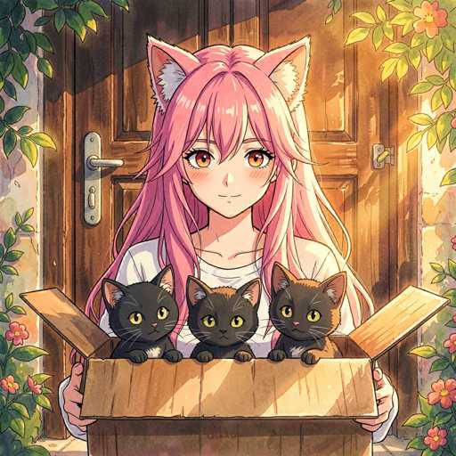 A cute anime girl with long, flowing pink hair and large, expressive eyes is gently holding a brown cardboard box. Inside the box are three adorable black kittens with large, round eyes and small pink noses. The girl is smiling sweetly, her hands cradling the box with a soft, caring gesture. She's wearing a white t-shirt and has delicate, furry ears that are pink on the outside and light pink on the inside. The background is a warm, sunlit scene with a wooden door adorned with green leaves and pink flowers. The overall style is soft, detailed, and evokes a feeling of warmth and affection.