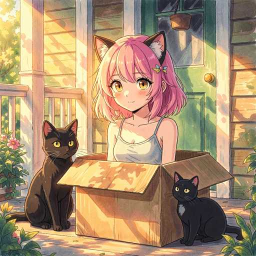 A cute anime girl with pink hair and cat ears is sitting in a cardboard box, surrounded by two adorable black cats. The scene is bathed in warm sunlight streaming through a porch with wooden railings and a green door. The girl has big, expressive eyes and is wearing a light blue tank top. One of the cats is sitting inside the box, while the other is sitting outside, looking up at the girl. The overall style is soft and whimsical, with a focus on bright colors and gentle lighting.