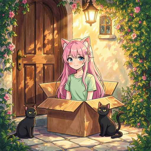 A cute anime girl with long pink hair and large blue eyes, wearing a light green t-shirt, is sitting inside an open cardboard box. Two black cats with pink ears are sitting on either side of the box, looking at her with wide eyes. The scene is set in a cozy outdoor setting with a wooden door, cobblestone ground, and lush green ivy with pink flowers climbing the wall. A warm, golden light illuminates the scene, suggesting it's either sunrise or sunset. The overall style is reminiscent of a digital painting with soft shading and detailed textures, creating a whimsical and heartwarming atmosphere.