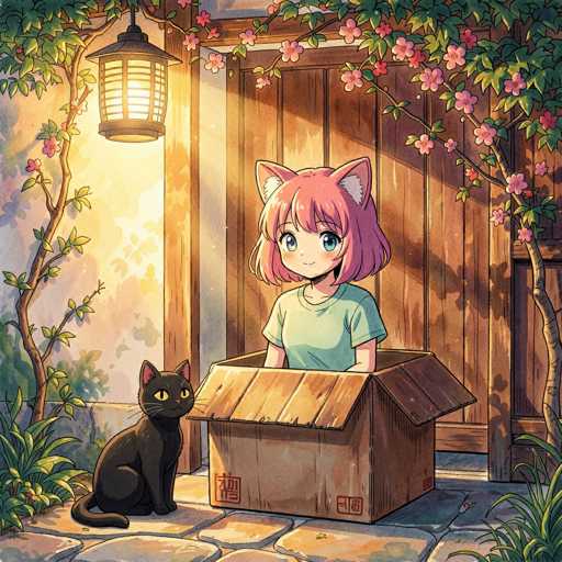 A cute anime-style illustration of a black cat sitting in an open cardboard box, looking up at a young girl with pink hair and large eyes peeking out from inside the same box. The scene is set in a cozy, sunlit outdoor space with a wooden fence adorned with pink cherry blossoms. A traditional Japanese lantern hangs above the box, casting warm light on the scene. The overall style is soft and whimsical, with a focus on gentle lighting and detailed textures.