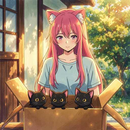 A cute anime girl with long, flowing pink hair and large, expressive eyes is sitting in a wooden chair, looking down at three adorable black cats peeking out of a brown cardboard box. The cats have large, round eyes and small pink ears that match the girl's hair. They are all looking up at her with wide, innocent expressions. The background is a bright, sunny scene with a window showing sunlight streaming in and a view of a lush green garden outside. The overall style is soft and heartwarming, with warm colors and gentle lighting.