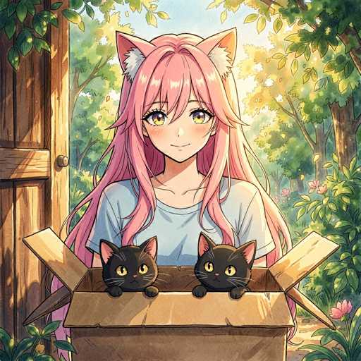 A cute anime girl with long, flowing pink hair and large, expressive eyes is sitting in a cardboard box. She's wearing a light blue t-shirt and has large, fluffy cat ears on her head. Two adorable black cats with big yellow eyes are peeking out of the box next to her. The background is a sunny, whimsical forest scene with lush green foliage and pink flowers. The overall style is soft and pastel-toned, giving a heartwarming and playful feel to the image.