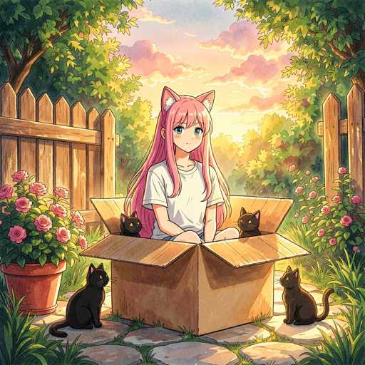 A cute anime girl with long pink hair and cat ears sits inside an open cardboard box in a garden, surrounded by three black cats. The girl is wearing a white t-shirt and has a gentle smile on her face. She's surrounded by pink roses in a terracotta pot, and the garden is bathed in soft sunlight. The background shows lush green foliage and a warm sunset sky, creating a peaceful and whimsical atmosphere.