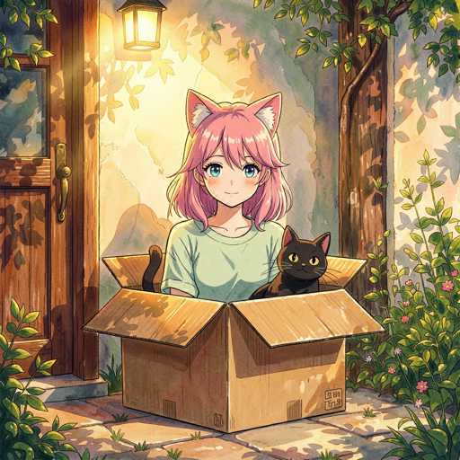 A cute anime girl with pink hair and cat ears, wearing a light green t-shirt, is sitting inside an open cardboard box. A small black cat with large eyes is curled up next to her in the box. The girl has a gentle smile and her eyes are wide, looking directly at the viewer. The box is placed on a stone path in front of a wooden door, with sunlight streaming in from the left. Lush green plants and flowers surround the scene, creating a warm and inviting atmosphere. The overall style is reminiscent of digital painting with soft lighting and detailed textures, emphasizing a whimsical and heartwarming mood.