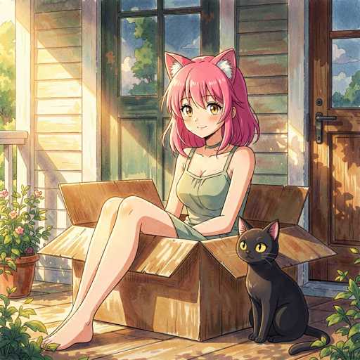 A cute anime girl with pink hair and cat ears sits comfortably in a cardboard box on a sunny porch, holding a black cat. The girl is wearing a light green tank top and has a gentle smile on her face. Sunlight streams in through the window behind her, casting warm shadows on the porch floor and walls. The cat is looking up at the girl with large, expressive eyes. The overall scene is peaceful and cozy, suggesting a warm, sunny day spent relaxing on the porch.