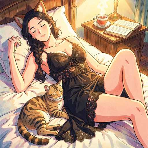 A young woman with long, dark hair styled in a braid is peacefully sleeping in bed. She's wearing a black lace nightgown and has a tabby cat curled up beside her, also asleep. The woman's eyes are closed, and she has a serene expression on her face. A warm glow emanates from the bedside table next to her, illuminating a cup of coffee and an open book. The overall atmosphere is one of tranquility and comfort.