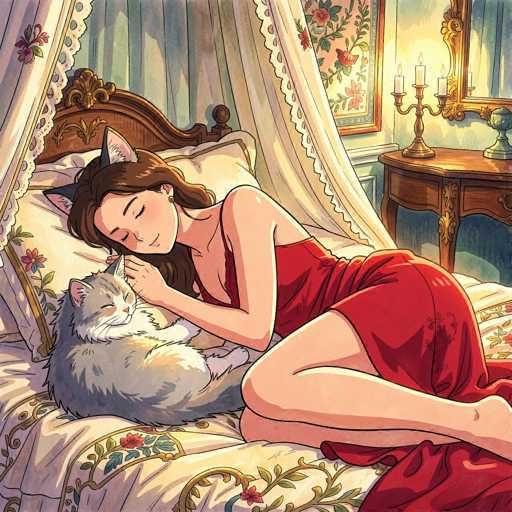 A young woman with long, flowing brown hair and a red dress is peacefully sleeping in bed. She's snuggled up with a fluffy grey cat wearing a cat-ear headband, and both are nestled on a bed covered in a patterned comforter. The room is dimly lit by soft candlelight, and the scene has a warm, cozy atmosphere.