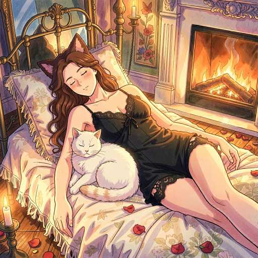 A young woman with long, wavy brown hair and cat ears is peacefully sleeping in a cozy bed. She's wearing a black lace nightgown and has a small white cat curled up on her lap. The bed is covered in a patterned comforter and has several red rose petals scattered around. A warm fire crackles in the fireplace, casting a soft glow on the scene. The woman is nestled comfortably with her eyes closed and a serene expression on her face, suggesting a peaceful and relaxing atmosphere.