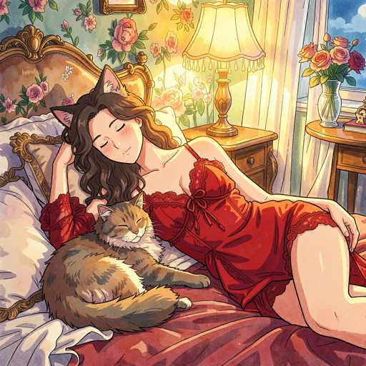 A digital painting in a soft, warm color palette depicts a woman peacefully sleeping in bed. She has long, wavy dark hair and wears a red lace slip dress. A fluffy tabby cat is curled up next to her, nestled against her side. The woman has large, closed eyes and a gentle smile on her face. She's lying comfortably on a bed with a floral patterned comforter and pillows, adorned with delicate pink roses. The room is bathed in soft sunlight streaming through a window, casting warm light on the scene. A small nightstand with a lamp and a vase of roses sits beside the bed, adding to the cozy atmosphere. The overall style is reminiscent of a vintage illustration or a romantic anime piece, with a focus on soft lighting and gentle details.