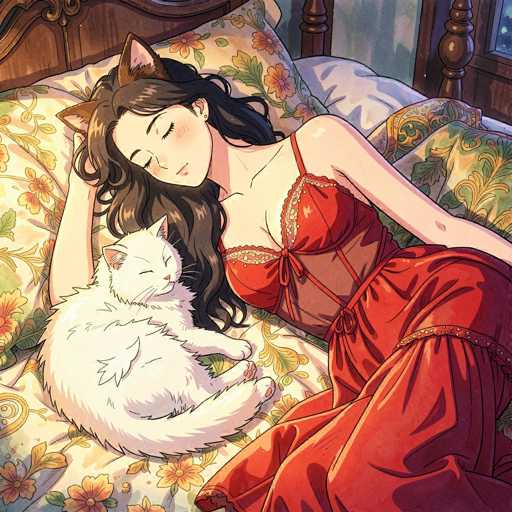 A digital painting in a soft, warm color palette depicts a young woman peacefully sleeping in bed with her cat. The woman has long, dark brown hair and is wearing a red lace nightgown. She's lying on her side, with one arm resting on the bed and the other gently holding the cat. The cat is a fluffy white Persian with large, expressive eyes, and it's curled up comfortably next to the woman. The bed is covered in a floral patterned comforter and pillows, with a dark wooden headboard visible. The overall style is reminiscent of anime or manga art, with soft shading and detailed textures. The lighting is gentle and creates a cozy, dreamlike atmosphere.