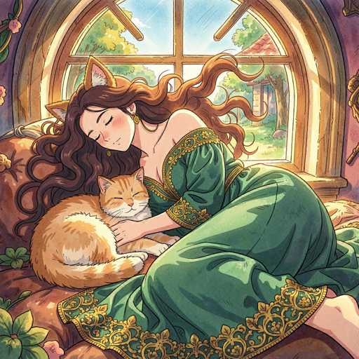 A beautiful illustration of a woman with long, flowing brown hair and cat ears peacefully sleeping curled up on a plush cushion next to an orange tabby cat. She's wearing a long, emerald green dress with golden detailing and is nestled against the cat, both asleep. The scene is bathed in soft light streaming through a large, arched window with a view of a sunny outdoor landscape. The overall style is reminiscent of a cozy, whimsical fantasy illustration with a warm color palette and detailed textures.
