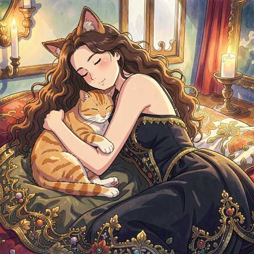 A digital painting in a whimsical, fairytale style depicts a young woman with long, flowing brown hair and large, expressive eyes nestled in bed. She is gently embracing a small orange cat with pointed ears, both appearing to be asleep or peacefully resting. The woman is wearing a dark, ornate gown with gold detailing and a delicate lace collar. She's snuggled on a richly patterned bedspread with golden accents, and the scene is bathed in soft, warm light from two ornate candles on a bedside table. The background features a partially visible window with golden frames and red curtains, suggesting a cozy, intimate setting. The overall color palette is muted yet vibrant, with soft pinks and blues adding a touch of fantasy. The style evokes a sense of comfort, tranquility, and gentle affection.