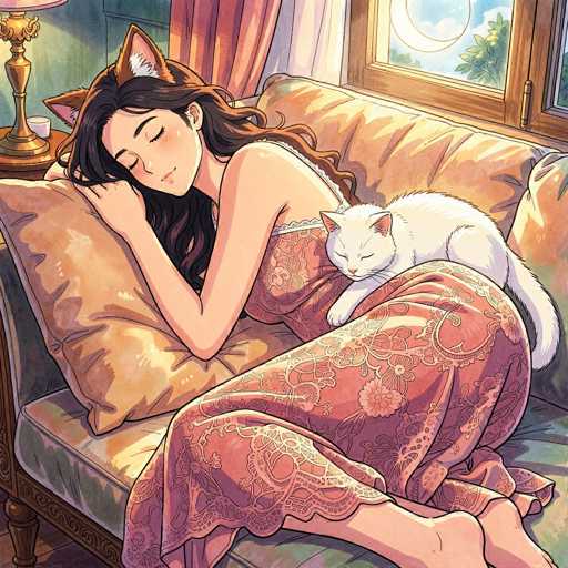 A digital illustration of a woman sleeping peacefully on a couch, surrounded by a cozy and warm atmosphere. The woman has long, dark hair with cat ears, wearing a flowing, patterned dress and is snuggled up next to a small white cat. The room has soft lighting, with a lamp on a side table casting a warm glow. The overall style is reminiscent of anime or manga, with soft lines and gentle colors.