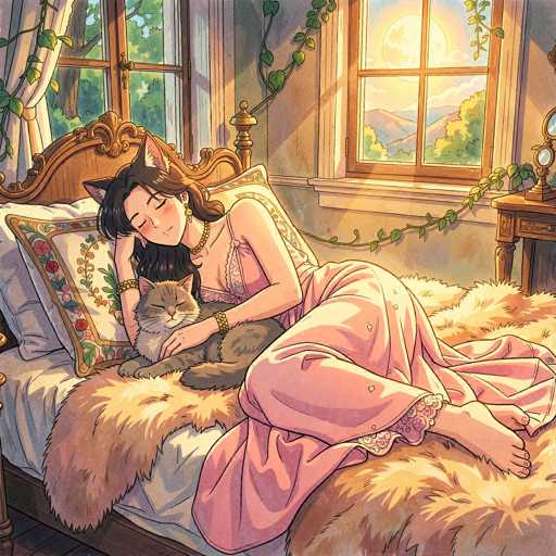 A cozy illustration of a woman peacefully sleeping in bed, surrounded by soft textures and warm sunlight. The woman has long black hair with cat ears, wearing a pink slip dress and gold jewelry. She's snuggled up with a grey cat, both looking serene. The bed is covered in fluffy blankets and pillows, with sunlight streaming through the window illuminating the scene. The overall style is soft and dreamy, evoking a sense of comfort and tranquility.
