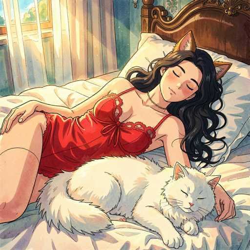 The image depicts a detailed, anime-style drawing of a woman lying on a bed. She is wearing a red, lacy negligee with thin straps and a bow at the center. Her long, dark hair cascades down her back, and she has a gold necklace around her neck. The woman has cat ears on top of her head, which are brown with white insides. She is resting on a white pillow, with her left arm around a white cat that is curled up beside her. The cat, with its eyes closed and pink nose, has a fluffy tail and is nestled comfortably against her. The woman's right hand is placed on her right knee. The bed features a brown headboard, and the room has a window with white curtains on the left side, through which sunlight streams, illuminating the scene. The walls are painted a light blue color, adding to the serene atmosphere of the room.